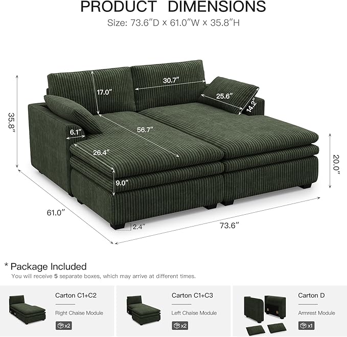 Belffin Large Modular Sectional Sofa with Deep Chaise, 73.6" Corduroy L Shaped Couch with 9" Soft Dual-Layer Seats Cushion for Living Room, Apartment, Green