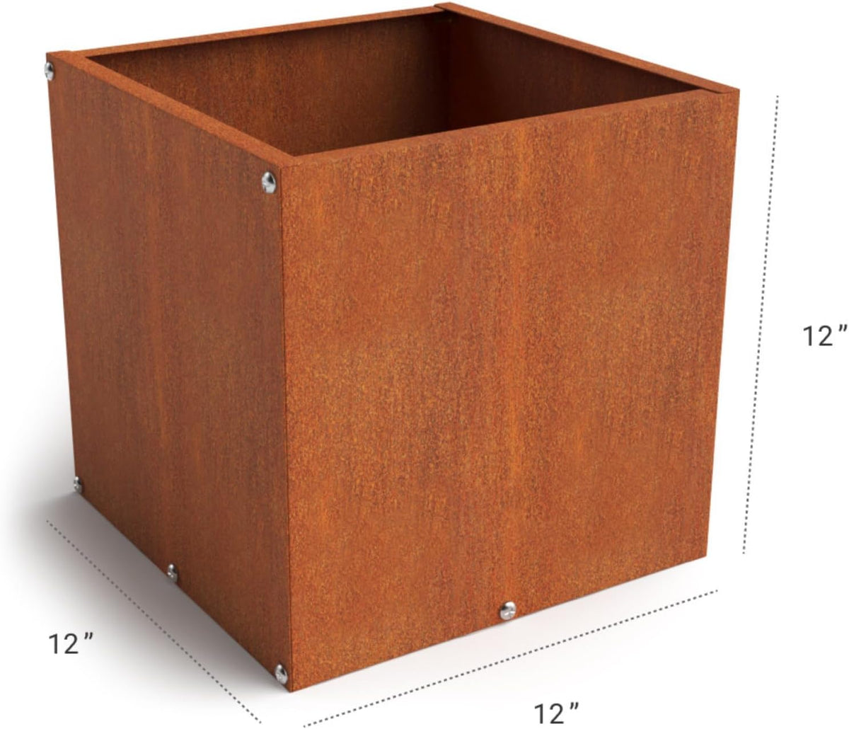 DIY CARTEL Corten Steel Cube Outdoor Planter Box, Rustic & Modern Farmhouse Design, Large Raised Metal Garden Bed for Commercial & Residential Use (12in x 12in)