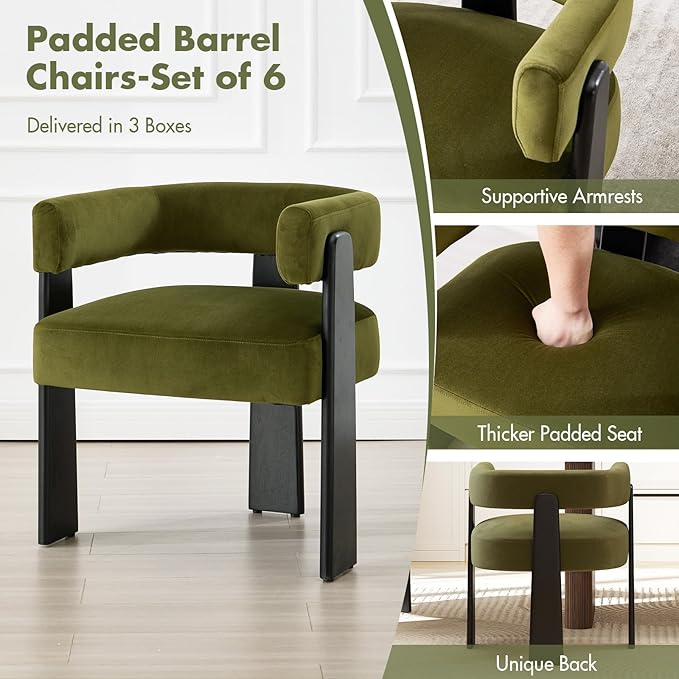 Modern Dining Chairs Set of 6, Upholstered Velvet Barrel Accent Chairs with Backrest & Arms, Wide and Thicker Padded Kitchen Side Chair with Wooden Legs for Dining Room, Livingroom, Dark Green