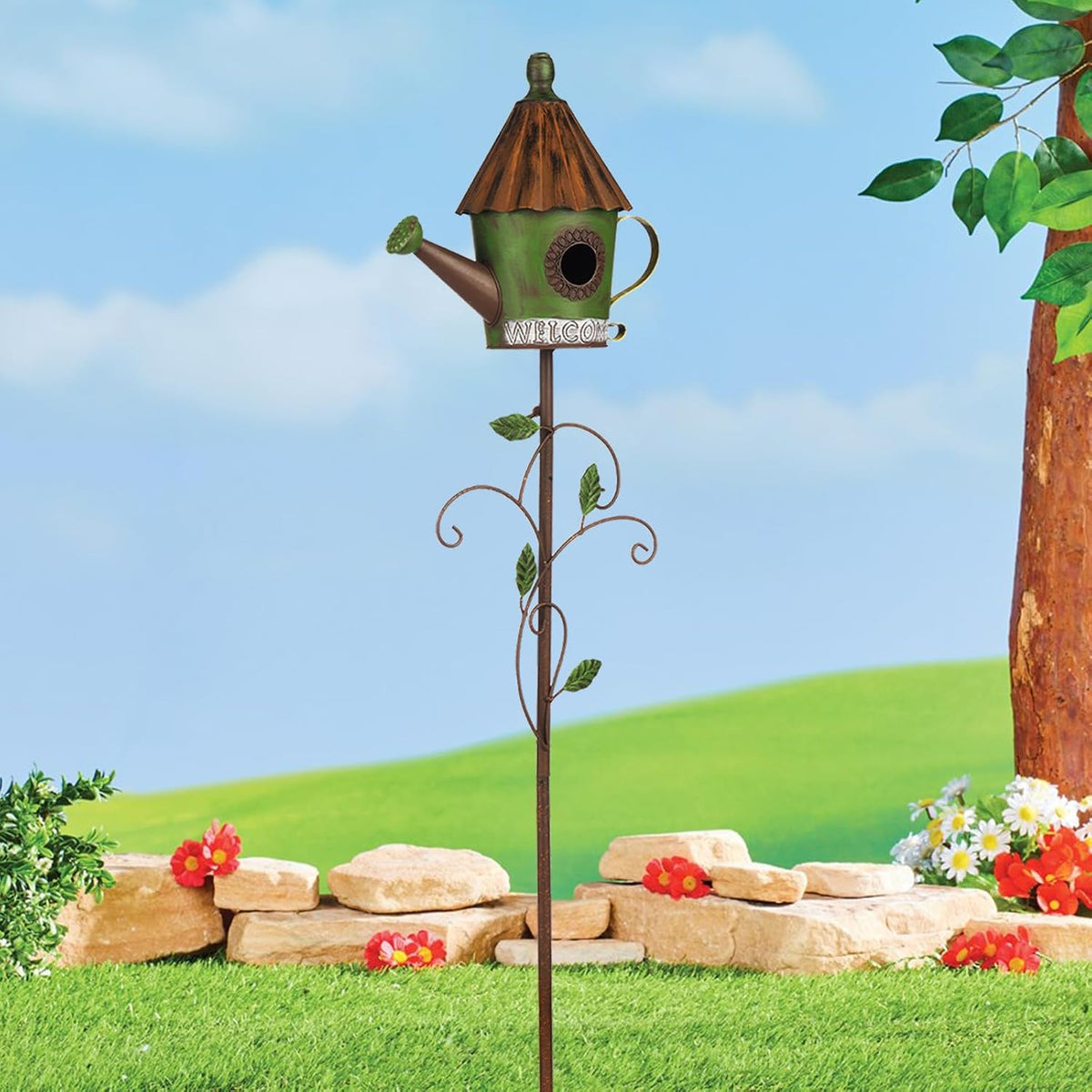 BAYN 57” Bird Houses Stake for Outside, Metal Watering Can Birdhouse Garden Stake Wild Bird Feeder Pole with Welcome Sign Outdoor Decorations for Patio, Backyard, Garden