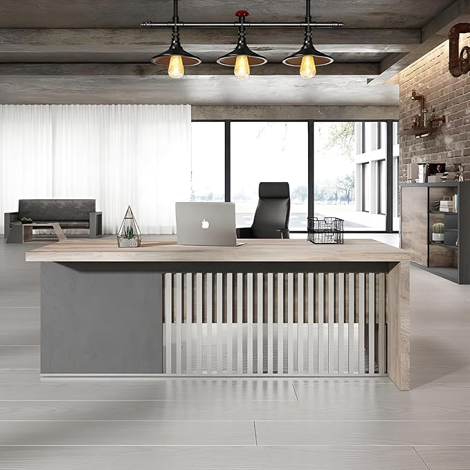 70.87 Inch Modern Executive Office Desk, Computer Writing Desk for Home Office, Business Furniture Workstation Stainless Steels Sturdy Frame 1.97IN Thick Desktop(Right, 70.87×35.5×30 in)