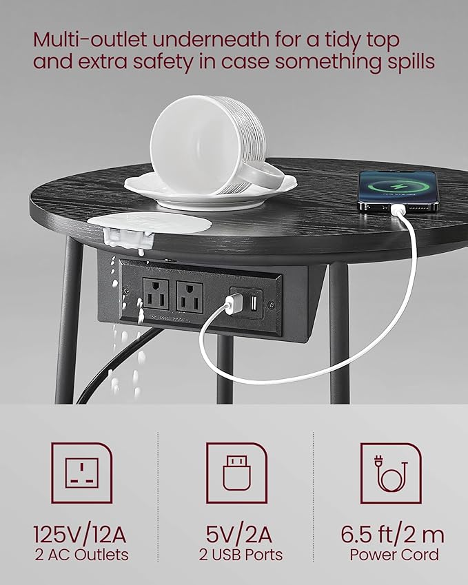 VASAGLE LILEA Collection - Side Table with Charging Station, Round End Table with Fabric Basket, Nightstand with USB Ports, for Living Room, Bedroom, Modern, Ebony Black and Slate Gray ULET228B01