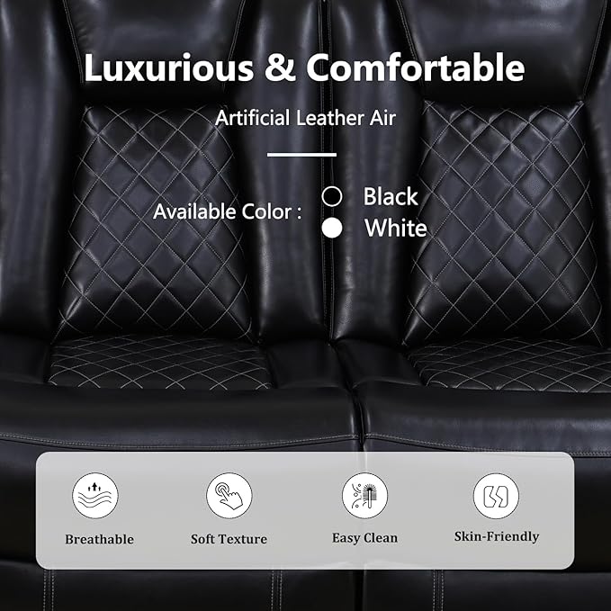 Power Reclining Sectional Sofa, Black Leather Couch with Recliners, Air Leather Sofa Couch with LED Lights/USB Port/Cup Holder for Living Room/Apartment/Office
