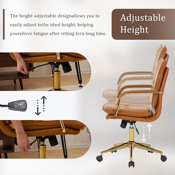 MOJAY Mid-Back Ergonomic Leather Office Chair, Modern Upholstered Executive Desk Chair with Gold Frame Armrest Computer Task Chair (Camel)
