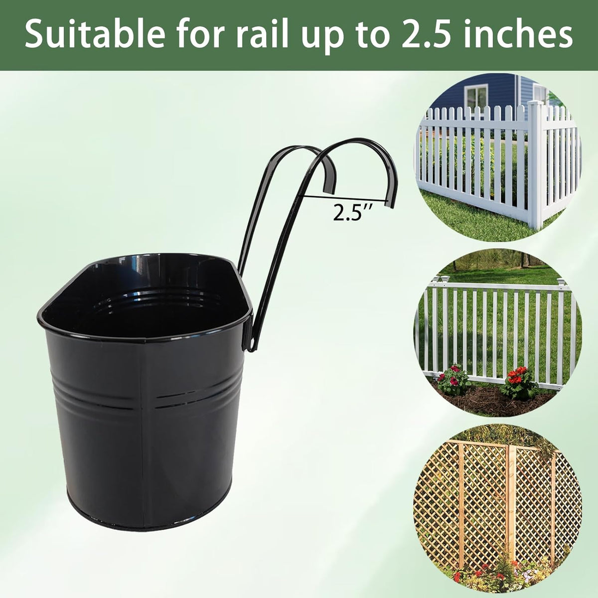 6 Pack Metal Hanging Planter for Outdoor Plants, 10 Inch Black Fence Planters Railing Pots for Garden Patio Balcony Decor, Flower Bucket with Detachable Hooks (Black, 6Pcs)