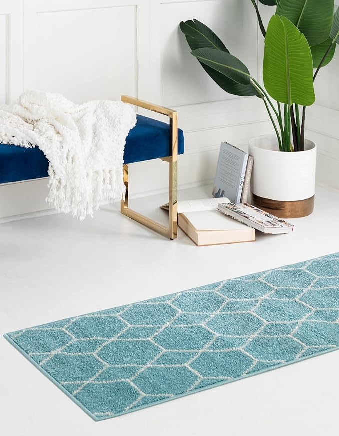 Unique Loom Trellis Frieze Collection Area Rug - Geometric (2' x 6' 1" Runner Light Blue/Ivory)