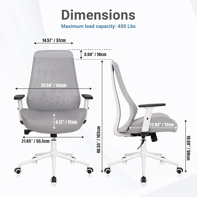 HYLONE Office Chair, 5" Thickened Seat Ergonomic Desk Chair with Adjustable Armrests, Home Office Computer Chairs for Long Hours Mesh Executive Chair(White Base&Grey)