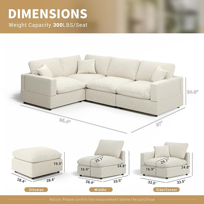Modern Sectional Linen Couch for Living Room V-Shape Sofas,4 Seat Modular Cloud Sofas,Couches Cushion Covers Removable,Cozy Feather Down Sofa for Apartment Beige