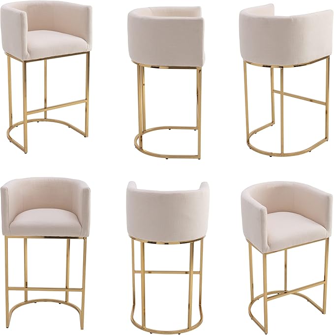 Contemporary Cream Linen Bar Stools Set of 3, 32" Upholstered Fabric Counter Height Barstool Kitchen Counter Island Stools with Golden Metal Base