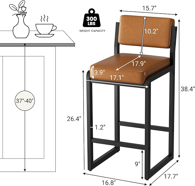 Counter Stools Set of 4, Faux Leather Bar Height Stools with High Back and Metal Legs, Upholstered Bar Chairs, 26" Modern Barstools for Kitchen Island, Caramel