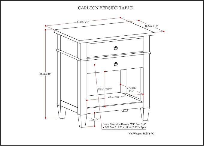 SIMPLIHOME Carlton Bedside Table - 24 inch Wide Solid Wood Nightstand Table in Light Golden Brown, Transitional Bedroom Side or End Table with 2 Drawers, Open Storage Shelf and Bronze Hardware
