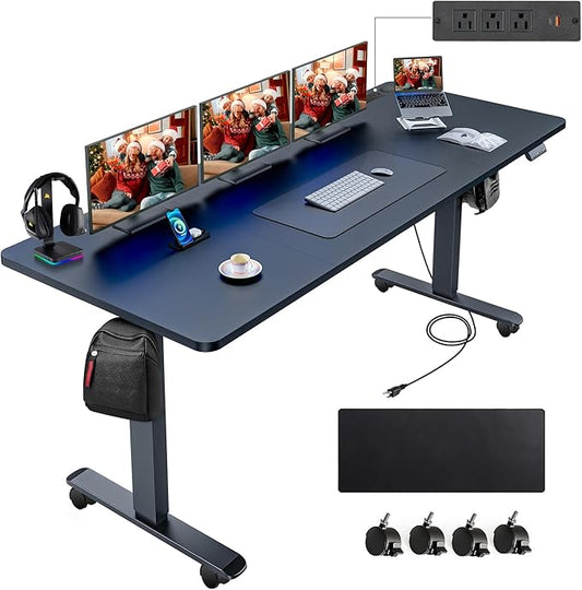 farexon Electric Standing Desk 70.8 x 27.5in with Charging Station, Rolling Stand up Desk with Large Mouse Pad, 3 USB Ports & 3 Power Outlets, Easy to Set Home Office Gaming Computer Table, Black