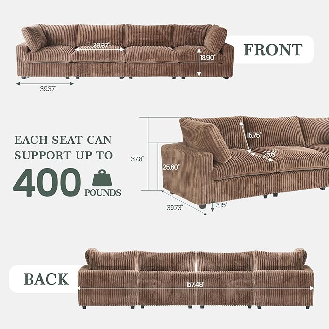 Modular Sectional Sofa, 157.48" Oversized Cloud Couch, 4 Deep Seat Comfy Modular for Living Room, Plush Cushion Covers Removable, Brown