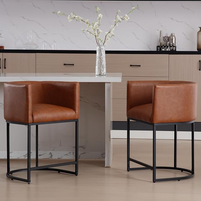 PU Leather Bar Stools Set of 2, Modern Upholstered Counter Height Bar stools 24" Leather Barstools Barrel Kitchen Counter Island Stools with Black Metal Base, Brown