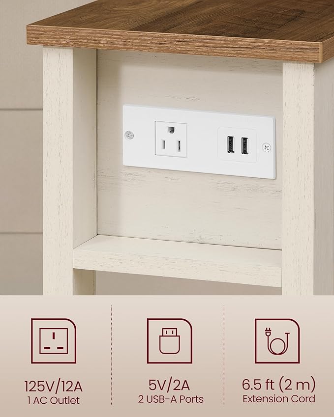 VASAGLE Narrow Side Table with Charging Station, Farmhouse End Table with Storage Drawer, Nightstand, Superfast Toolless Assembly, for Living Room, Bedroom, Honey Brown and Rustic White ULET328W01