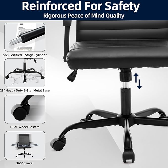 Office Chair, Ergonomic Executive Conference Room Chairs, Ribbed Leather Desk Chair with Lumbar Support, Adjustable Height Mid-Back Swivel Chair with Padded Seat and Square Tube Armrests