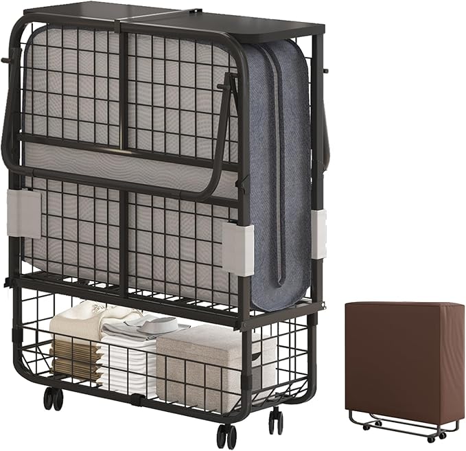 Mjkone Folding Bed with 5 Inch Foam Mattress, Single Rollaway Beds for Guest, Space Saving Portable Bed with Storage Shelf, Lockable Wheels, Sturdy Metal Frame for Adults, 75 x 31 (Upgraded)