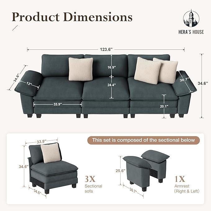 HERA'S HOUSE 124" Modular Sectional Sofa, Oversized Couches for Living Room, Comfy Cloud Couch 3-Seater Deep Seat Sofa with Throw Pillow, Chenille Blue
