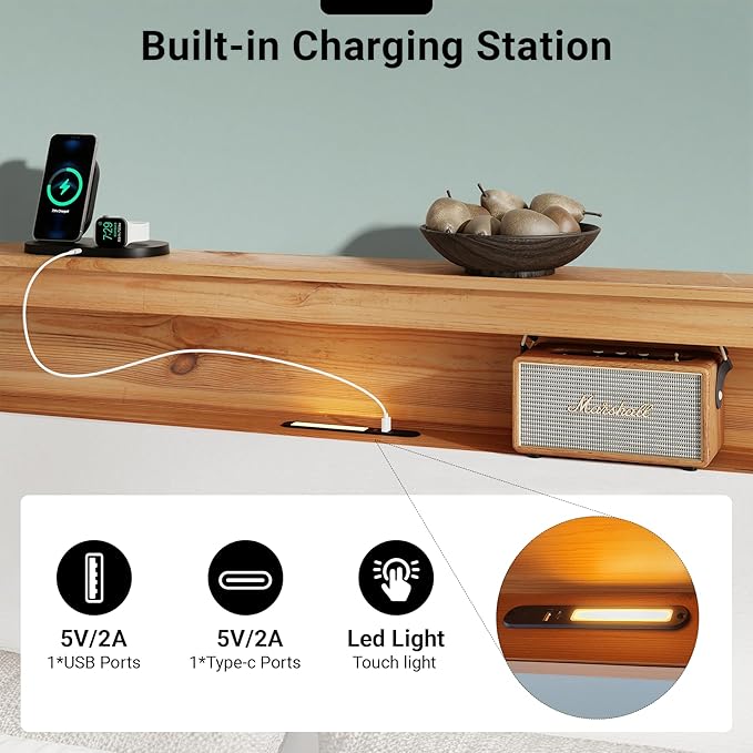 King Bed Frame, Wood Platform Bed Frame with Storage Headboard, Charging Station, Modern Bedframe King Size, 800lbs Capacity, Metal Slat Support, Noise-Free, No Box Spring Needed, White