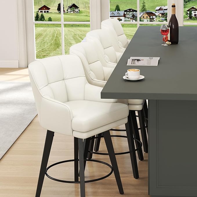 360°Swivel Counter Height Bar Stools with Back, 26 inch Solid Wood Legs, Bar Stool Modern Kitchen Island Chairs, Faux Leather (Beige- Faux Leather, 26" H- Set of 4)