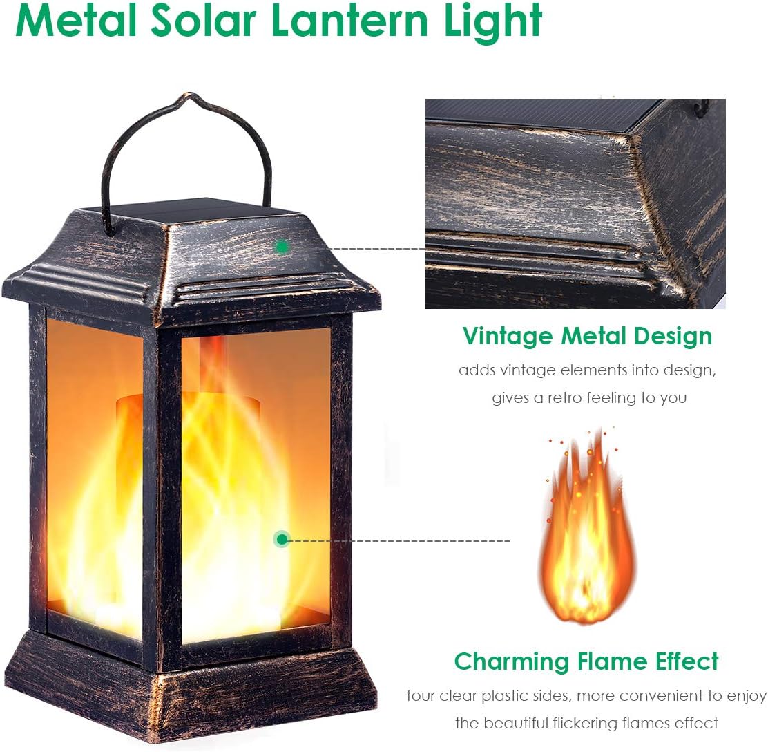 TomCare Solar Lights Metal Flickering Flame Solar Lantern Outdoor Hanging Lanterns Lighting Heavy Duty Solar Powered Waterproof LED Flame Lights for Patio Garden Christmas Decorations, 2 Pack (Bronze)