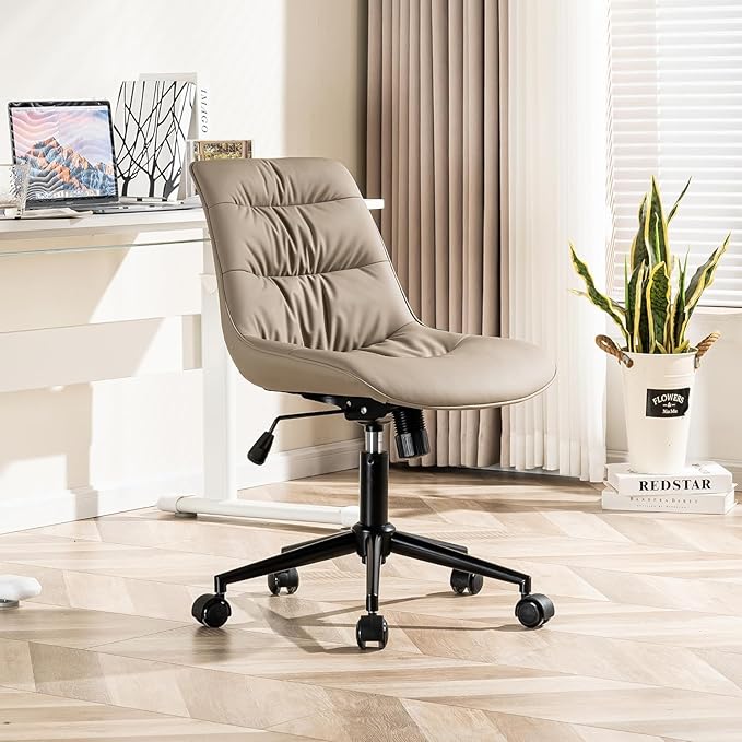 Kidol & Shellder Faux Leather Office Chair, Adjustable Swivel Height Task Chair, Rolling Wheels & Soft Backrest - Armless Ergonomic Desk Chair for Home, Office,Vanity,Gaming（Khaki）