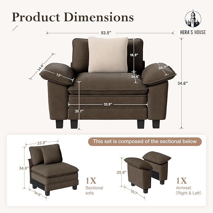 HERA'S HOUSE 54" Modular Sectional Sofa Couches for Living Room, Comfy Cloud Couch 1-Seater Deep Seat Sofa with Throw Pillow, Chenille Taupe