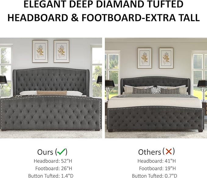 AMERLIFE King Size Platform Bed Frame, Velvet Upholstered Bed with Deep Button Tufted & Nailhead Trim Wingback Headboard/No Box Spring Needed/Grey