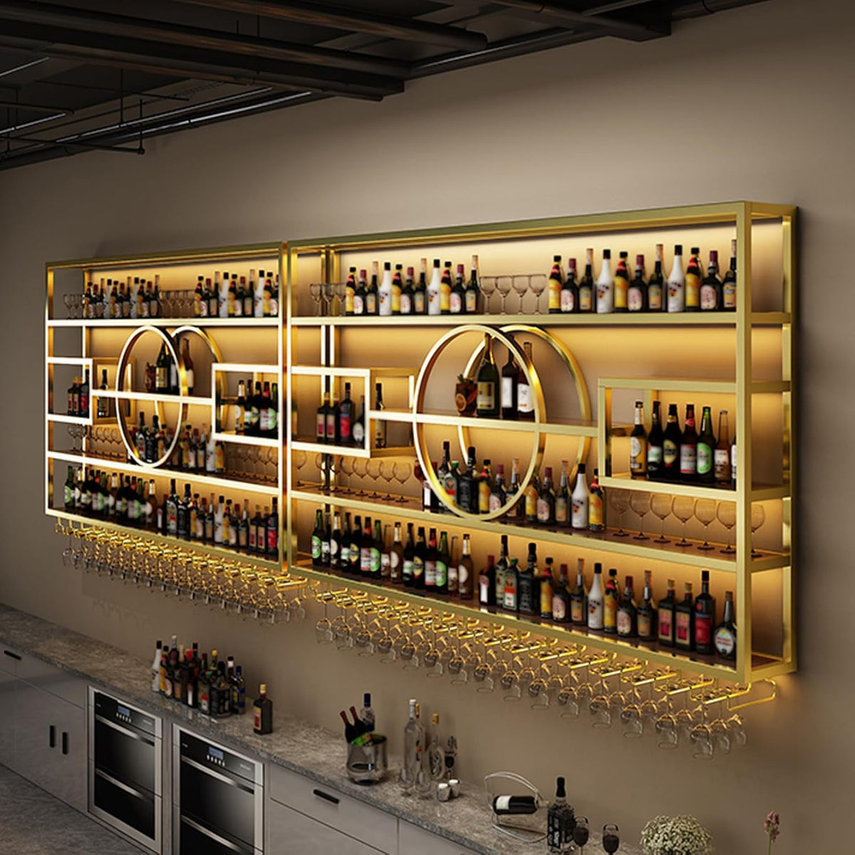 63in Wall Mounted Wine Rack, Modern Metal Wine Bottle and Glass Holder, Iron Display Stand Decorative Wine Rack, for Bar Living Room Dining Room Background (Gold, 63 * 8 * 51INCHES)