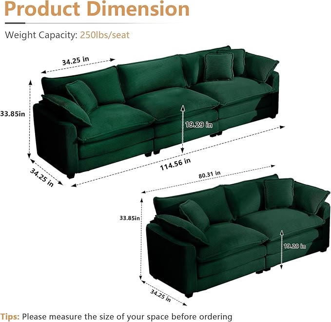 mikibama Luxury 3 Piece Sofa Set, 3-Seater & 2 Loveseat Couch Set, Modern Corduroy Comfy Cloud Couches Set for Living Room Office with 6 Armrest Pillows and 7 Toss Pillows, Green