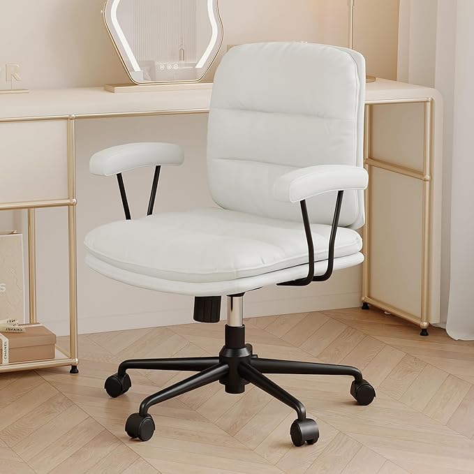 White Leather Desk Chair with Arms,Modern Office Chair with Lumbar Support,Removable Armrests, Height-Adjustable Swivel Medium Computer Chair for Home, Office, Dresser, Bedroom