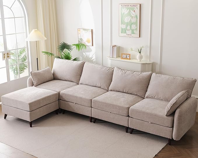 135'' Modular Sectional Sofa with All Seats Storage, Oversized L Shaped Couch for Living Room,4-Seater Comfy Cloud Couches with Movable Ottoman,Big Sectional for Bedroom,Velet,Khaki