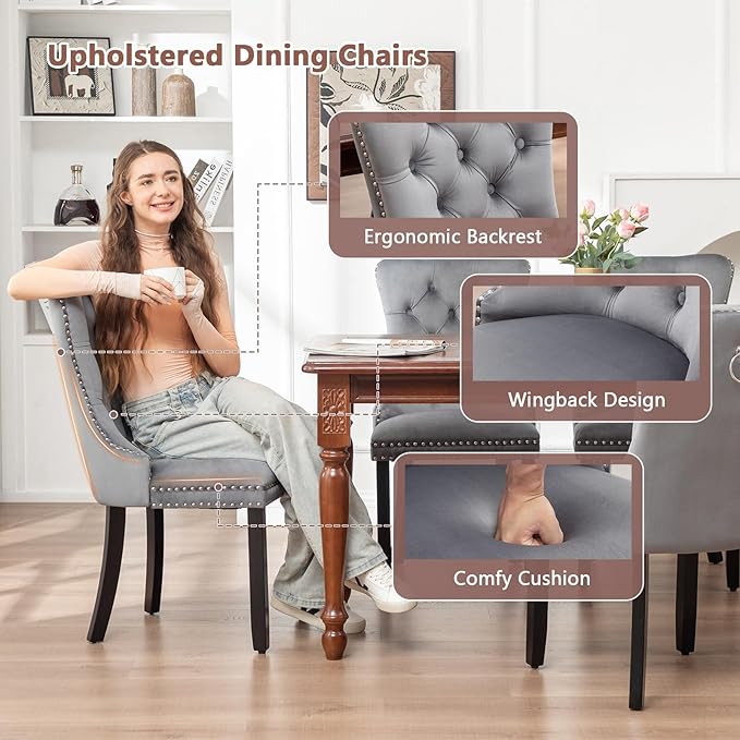 Velvet Dining Chairs Set of 4, Upholstered Dining Room Chairs with Nailhead Ring Pull Trim, Button Tufted Wing Back Chairs for Dining with Solid Wood Legs for Kitchen Dining Room(Grey)