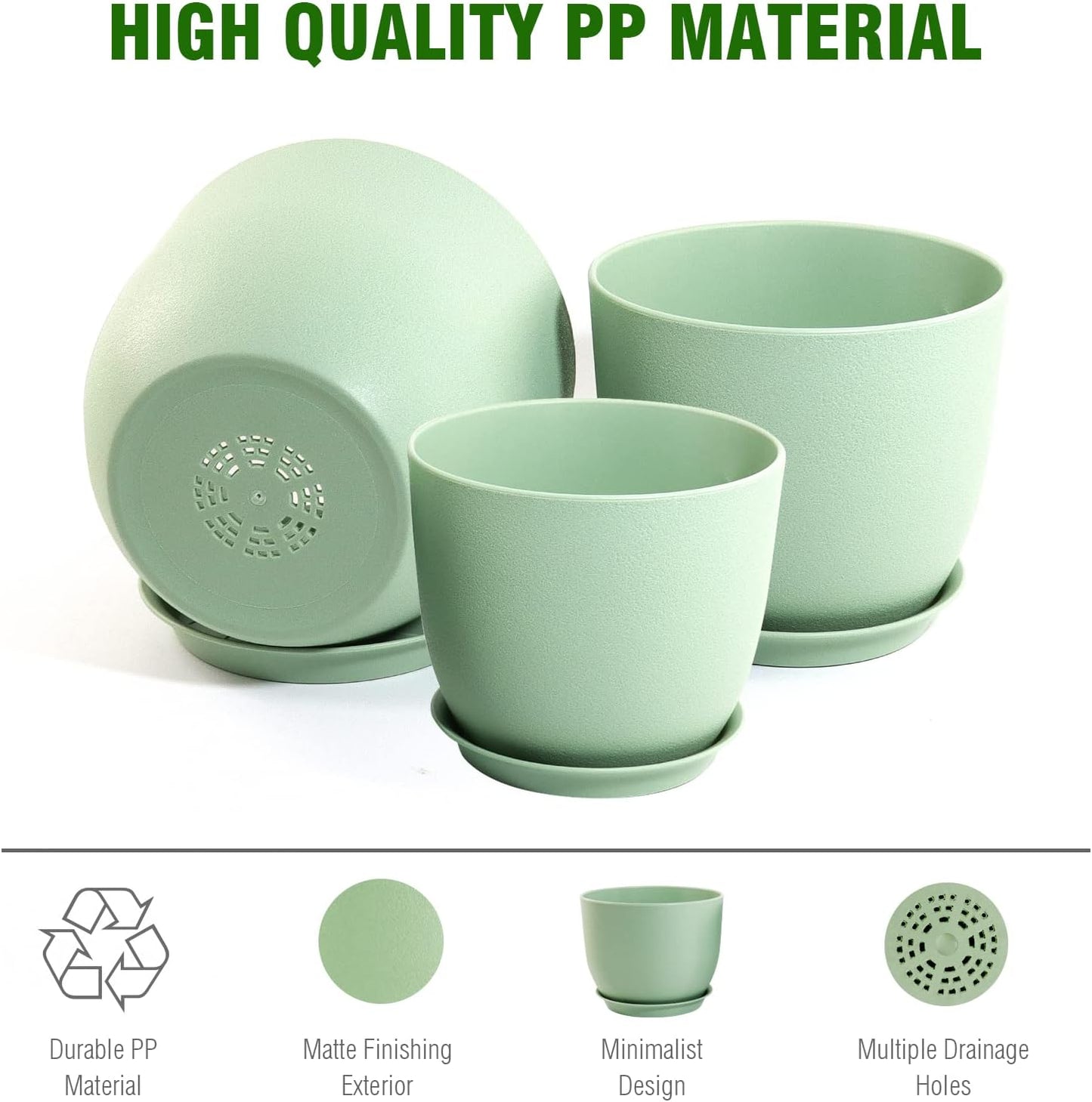 Medium Plant Pots 10/9/8 inch, Flower Pots for Indoor Outdoor Plants, Set of 3 Modern Decorative Plastic Planters with Drainage Holes and Saucers for House Porch Garden Plants, Green