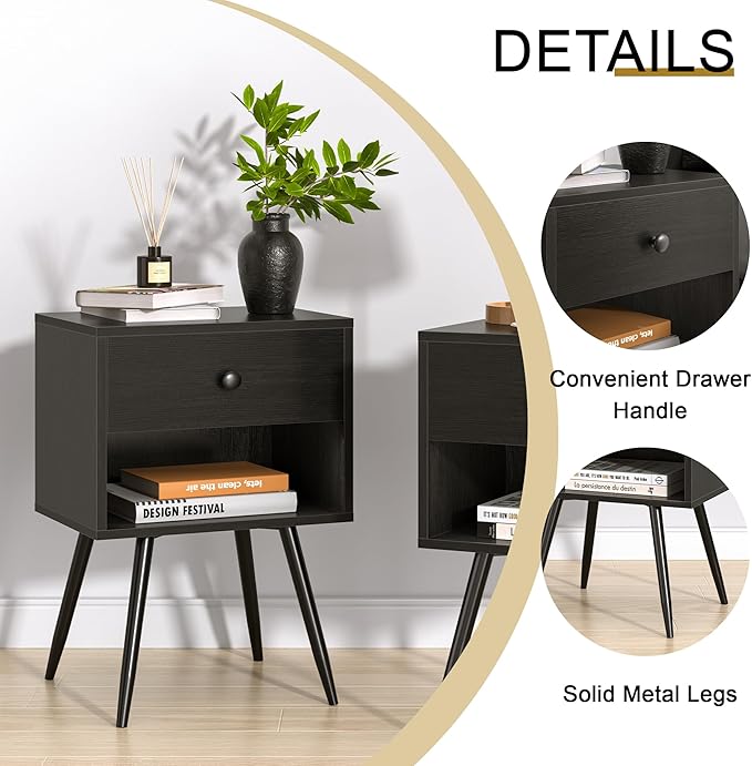 VECELO Nightstands Set of 2, Mid Century Modern End Bedside Table, Night Stand with Storage Drawer and 2 Tiers Open Shelf for Small Place, Bedroom, Living Room, Easy Assembly, Black