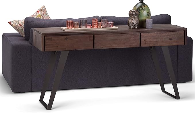 SIMPLIHOME Lowry Console Table - 60 Inch Wide Solid Acacia Wood Sofa Table in Distressed Charcoal Brown, Modern Industrial Storage Table for Living Room with 3 Drawers and Angled Metal Legs