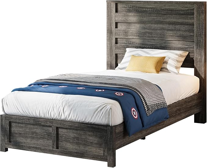 AMERLIFE Farmhouse Twin Platform Bed Frame with 49" Fluted Headboard, Wooden Bed with Natural Grain Finish, Noise-Free, No Box Spring Required, Easy Assembly, Grey