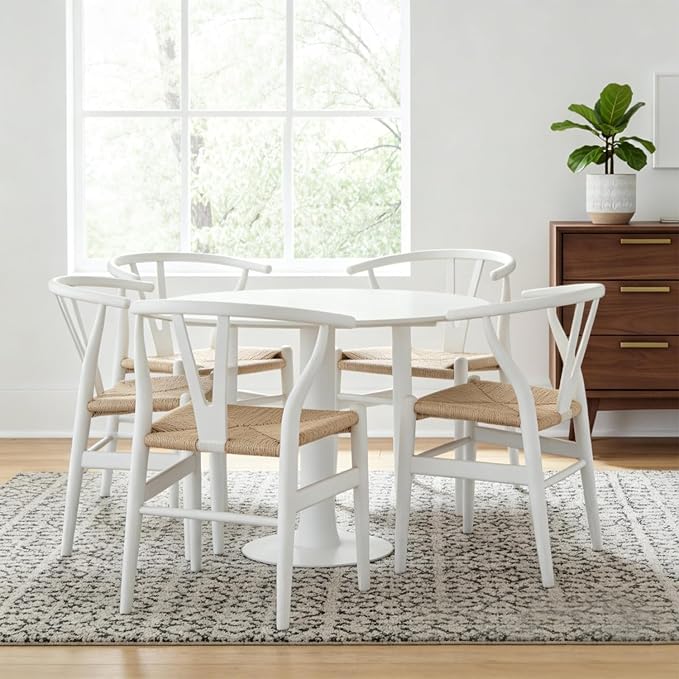 Tomile Wishbone Chairs Set of 2, Modern White Dining Chair with Arms, Solid Ash Wood Frame with Woven Seat, Mid-Century Y-Back Design for Kitchen & Dining Room Chairs Set (Ash Wood - White)