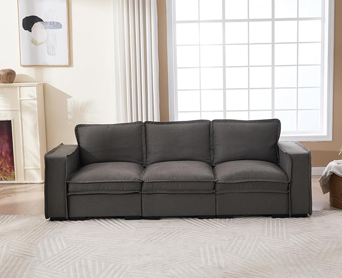 EALSON 93 Inch Modular Sectional Sofa Modern Comfy 3-Seater Couch Sofa Linen Fabric Upholstered Cloud Couches with 24" Deep Seat and Wooden Legs for Bedroom/Living Room/Office, Grey