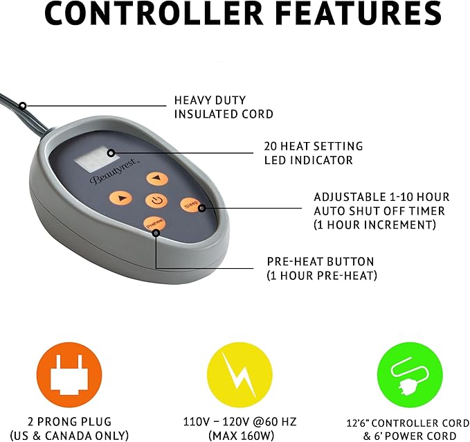 Beautyrest Heated Plush Elect Electric Blanket with 20 Heat Level Setting Controllers Equip with Secure Comfort Technology and 10 Hours Auto Shut Off, Full: 80x84, Aqua,BR54-0904
