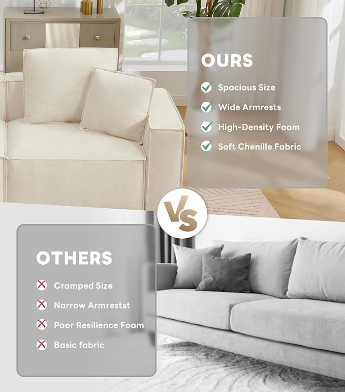 WILLOVE Modular Sectional Sofa Set, Chenille Cloud Couch with Wide Armrests & 8 Pillows, Deep Seat Couches for Living Room, 4-Seater Beige