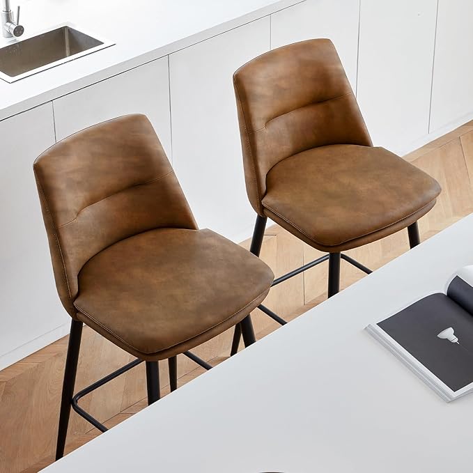 Coffee Counter Height Bar Stools Set of 2, 26 Inch Seat Height with Back and Metal Legs, 360° Swivel Upholstered Faux Leather Swivel Bar Stools