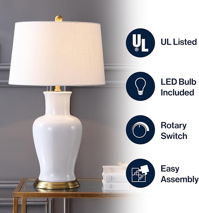 JONATHAN Y JYL4026A Julian 29" Ceramic LED Table Lamp Traditional Transitional Bedside Desk Nightstand Lamp for Bedroom Living Room Office College Bookcase LED Bulb Included, White/Gold