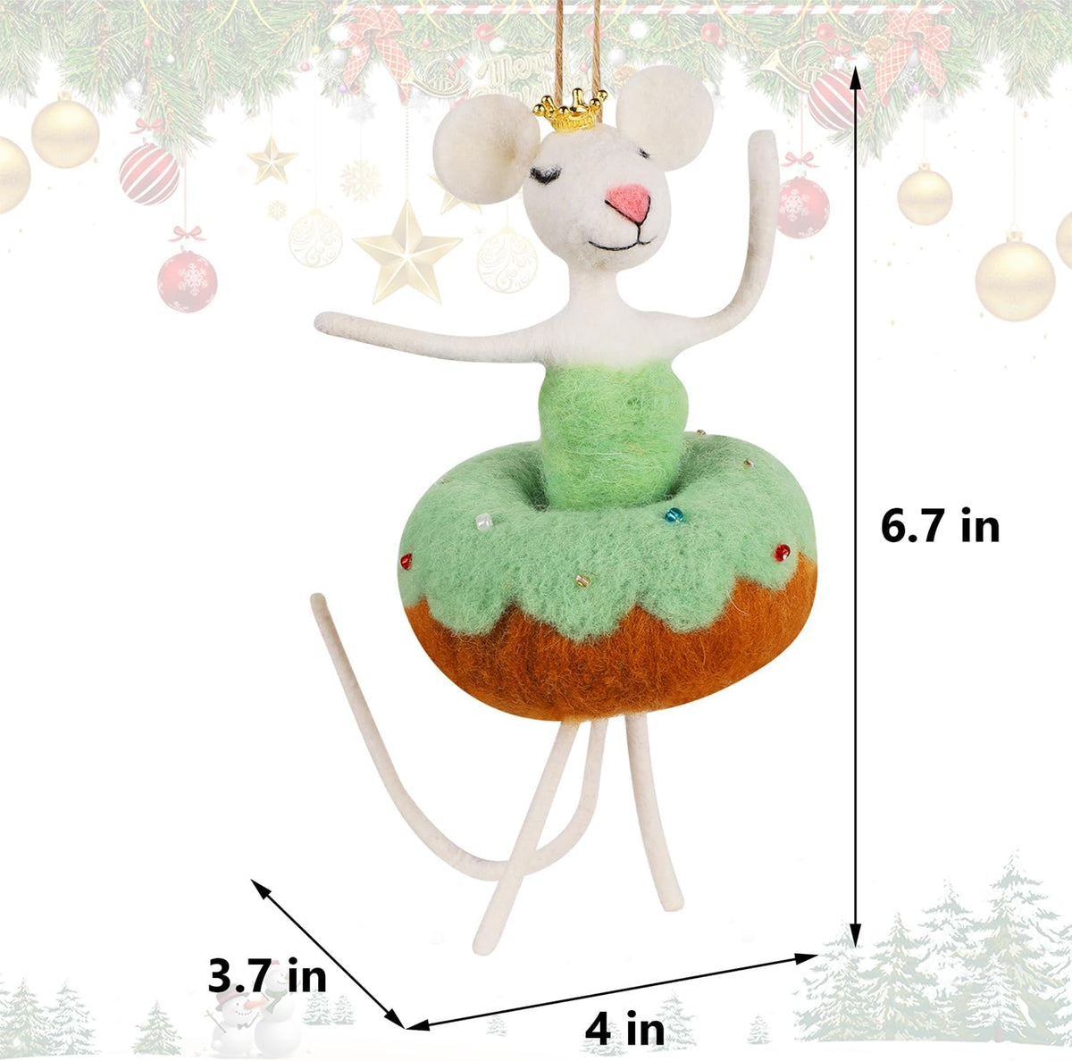 Set of 3 Christmas Felt Dancing Mice Ornaments, 6.7" Tall Hanging Wool Mouse Figurines with Donut Tutu Skirt, Tiered Tray Tabletop Decor, Xmas Tree Holiday Easter Gifts Home Office Party Supply