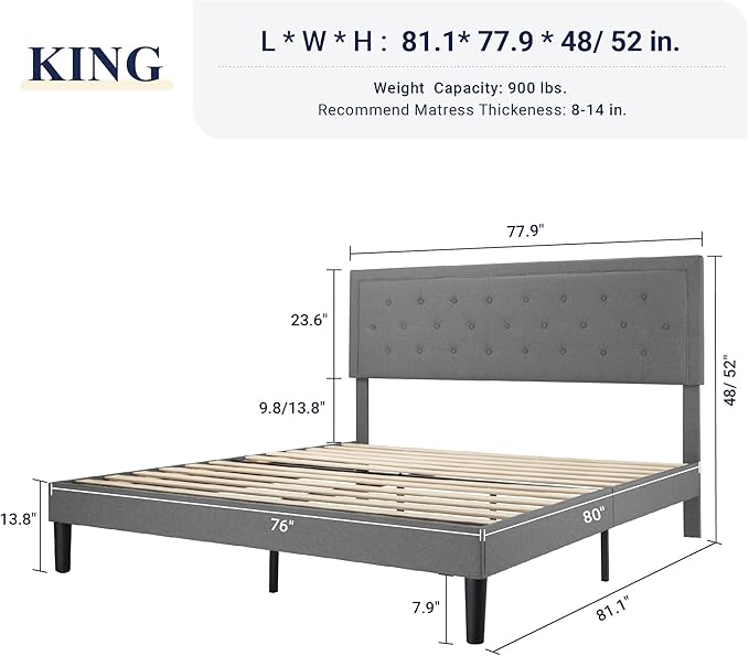 Allewie King Size Upholstered Platform Bed Frame with Adjustable Headboard, Button Tufted, Wood Slat Support, Easy Assembly, Light Gray