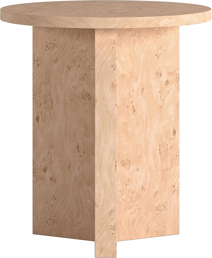 Henn&Hart 20" Scandinavian Round Wooden End Table, Side Table, Nightstand with X-Base for Living Room, Office, Family Room, or Bedroom, Blond Burl