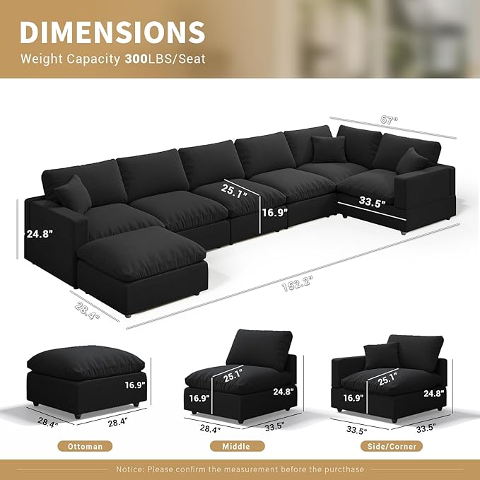 Modern Sectional Linen Couch for Living Room V-Shape Sofas,7 Seat Modular Cloud Sofas,Couches Cushion Covers Removable,Cozy Feather Down Sofa for Apartment Black