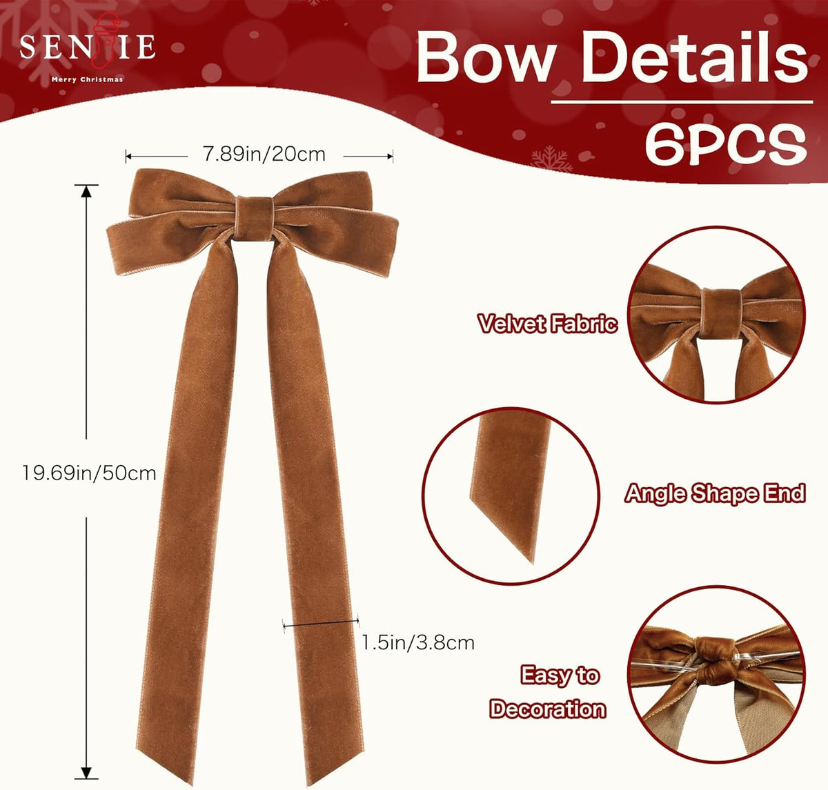 Senjie Velvet Large Christmas Bows for Staircase Garland Wreath, 20in x 8in Vintage Ribbon Bows with Twist Tie for Xmas Tree Holiday Indoor Outdoor Decorations (6Pcs, Light Brown)