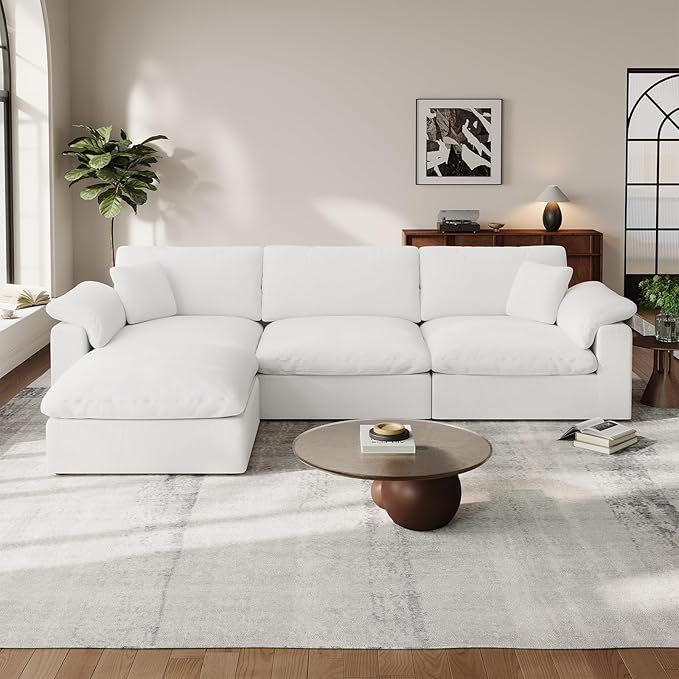 Cloud Modular Couch for Living Room,L Shape Linen Blend Sofas,Modern Deep Seat Cloud Sofas,Convertible Comfort Down Filled Sectional Couches,Removable Washable Cushion Covers,White