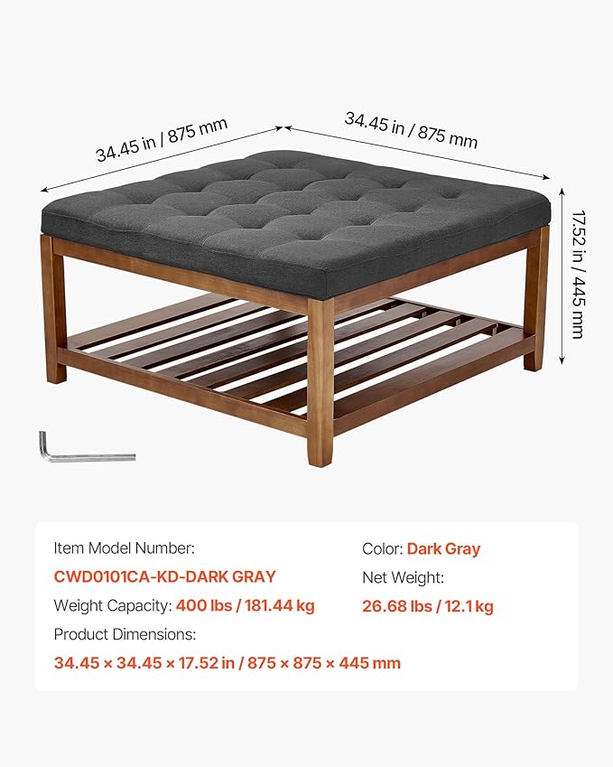 VEVOR Large Square Ottoman Coffee Table, 34.5 Inch Tufted Coffee Table with Solid Wood Shelf Storage, Linen Solid Upholstered Footrest Ottoman for Bedroom Living Room, 400 LBS, Dark Grey